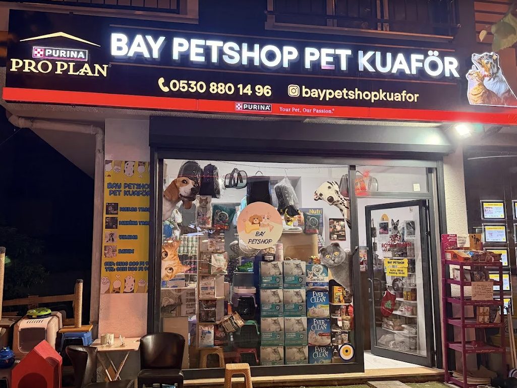 Bay Petshop'un dükkân önü: ışıklı tabela, vitrin ve giriş